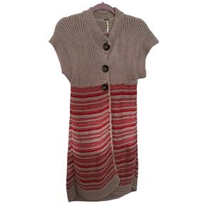Free People Womens M Sweater Dress Cardigan Tan and Red Stripe Knit Cozy